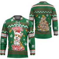 Corgi Dog Lights Corgi Bells Corgi All the Way Hockey Jersey wirh Green Snowflake Pattern Design - Wonder Print Shop