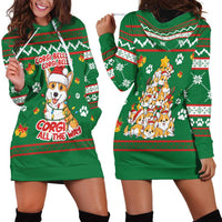 Corgi Dog Lights Corgi Bells Corgi All the Way Hoodie Dress wirh Green Snowflake Pattern Design - Wonder Print Shop