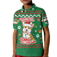Corgi Dog Lights Corgi Bells Corgi All the Way Kid Polo Shirt wirh Green Snowflake Pattern Design - Wonder Print Shop
