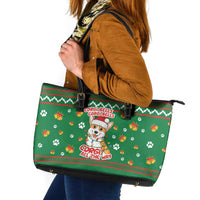 Corgi Dog Lights Corgi Bells Corgi All the Way Leather Tote Bag wirh Green Snowflake Pattern Design - Wonder Print Shop