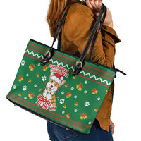 Corgi Dog Lights Corgi Bells Corgi All the Way Leather Tote Bag wirh Green Snowflake Pattern Design - Wonder Print Shop