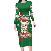 Corgi Dog Lights Corgi Bells Corgi All the Way Long Sleeve Bodycon Dress wirh Green Snowflake Pattern Design - Wonder Print Shop
