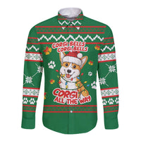 Corgi Dog Lights Corgi Bells Corgi All the Way Long Sleeve Button Shirt wirh Green Snowflake Pattern Design - Wonder Print Shop