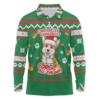 Corgi Dog Lights Corgi Bells Corgi All the Way Long Sleeve Polo Shirt wirh Green Snowflake Pattern Design - Wonder Print Shop