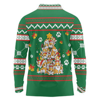 Corgi Dog Lights Corgi Bells Corgi All the Way Long Sleeve Polo Shirt wirh Green Snowflake Pattern Design - Wonder Print Shop