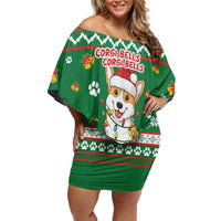 Corgi Dog Lights Corgi Bells Corgi All the Way Off Shoulder Short Dress wirh Green Snowflake Pattern Design - Wonder Print Shop