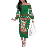 Corgi Dog Lights Corgi Bells Corgi All the Way Off The Shoulder Long Sleeve Dress wirh Green Snowflake Pattern Design - Wonder Print Shop