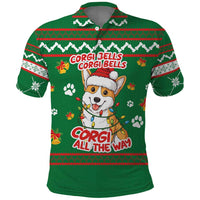 Corgi Dog Lights Corgi Bells Corgi All the Way Polo Shirt wirh Green Snowflake Pattern Design - Wonder Print Shop