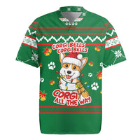 Corgi Dog Lights Corgi Bells Corgi All the Way Rugby Jersey wirh Green Snowflake Pattern Design - Wonder Print Shop