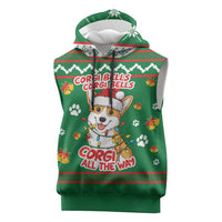 Corgi Dog Lights Corgi Bells Corgi All the Way Sleeveless Hoodie wirh Green Snowflake Pattern Design - Wonder Print Shop