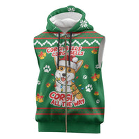Corgi Dog Lights Corgi Bells Corgi All the Way Sleeveless Zip Hoodie wirh Green Snowflake Pattern Design - Wonder Print Shop
