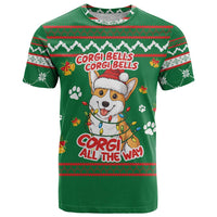 Corgi Dog Lights Corgi Bells Corgi All the Way T Shirt wirh Green Snowflake Pattern Design - Wonder Print Shop