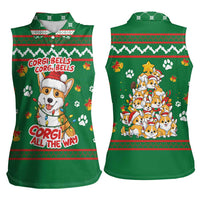 Corgi Dog Lights Corgi Bells Corgi All the Way Women Sleeveless Polo Shirt wirh Green Snowflake Pattern Design - Wonder Print Shop