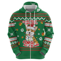 Corgi Dog Lights Corgi Bells Corgi All the Way Zip Hoodie wirh Green Snowflake Pattern Design - Wonder Print Shop