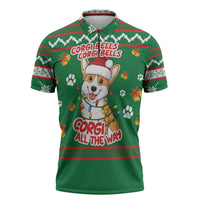 Corgi Dog Lights Corgi Bells Corgi All the Way Zipper Polo Shirt wirh Green Snowflake Pattern Design - Wonder Print Shop