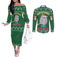 Cat Keep It Classy Christmas Couples Matching Off The Shoulder Long Sleeve Dress and Long Sleeve Button Shirt Xmas Holiday Patterns - Wonder Print Shop