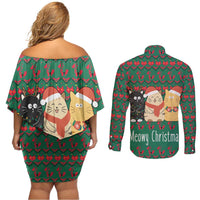 Cat Meowy Christmas Couples Matching Off Shoulder Short Dress and Long Sleeve Button Shirt Xmas Holiday Patterns - Wonder Print Shop