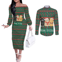 Cat Meowy Christmas Couples Matching Off The Shoulder Long Sleeve Dress and Long Sleeve Button Shirt Xmas Holiday Patterns - Wonder Print Shop