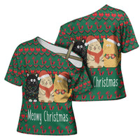 Cat Meowy Christmas Cross Shoulder Shirt Xmas Holiday Patterns - Wonder Print Shop