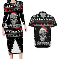 Cat Skull Santa Christmas Couples Matching Long Sleeve Bodycon Dress and Hawaiian Shirt Xmas Holiday Patterns - Wonder Print Shop
