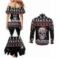 Cat Skull Santa Christmas Couples Matching Mermaid Dress and Long Sleeve Button Shirt Xmas Holiday Patterns - Wonder Print Shop