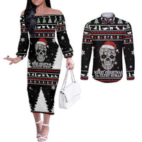 Cat Skull Santa Christmas Couples Matching Off The Shoulder Long Sleeve Dress and Long Sleeve Button Shirt Xmas Holiday Patterns - Wonder Print Shop