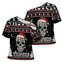 Cat Skull Santa Christmas Cross Shoulder Shirt Xmas Holiday Patterns - Wonder Print Shop