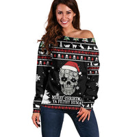 Cat Skull Santa Christmas Off Shoulder Sweater Xmas Holiday Patterns - Wonder Print Shop
