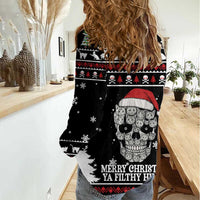 Cat Skull Santa Christmas Women Casual Shirt Xmas Holiday Patterns - Wonder Print Shop