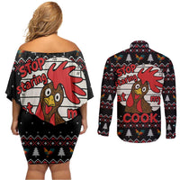 Chicken Stop Christmas Couples Matching Off Shoulder Short Dress and Long Sleeve Button Shirt Xmas Holiday Patterns - Wonder Print Shop