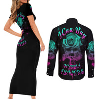 I Can Buy Myself Flowers Smoke Rose Skull Couples Matching Short Sleeve Bodycon Dress and Long Sleeve Button Shirt - Wonder Print Shop