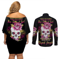 Warning This Tattooed Girl Couples Matching Off Shoulder Short Dress and Long Sleeve Button Shirt - Wonder Print Shop