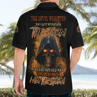 Black Hawaiian shirt with large back skull fantasy print and flaming text, short sleeves