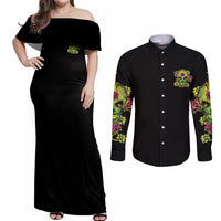 Warning This Tattooed Girl Flower Sugar Skull Couples Matching Off Shoulder Maxi Dress and Long Sleeve Button Shirt - Wonder Print Shop
