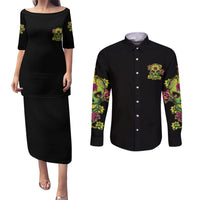 Warning This Tattooed Girl Flower Sugar Skull Couples Matching Puletasi Dress and Long Sleeve Button Shirt - Wonder Print Shop