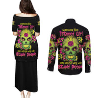 Warning This Tattooed Girl Flower Sugar Skull Couples Matching Puletasi Dress and Long Sleeve Button Shirt - Wonder Print Shop