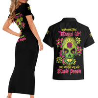 Warning This Tattooed Girl Flower Sugar Skull Couples Matching Short Sleeve Bodycon Dress and Hawaiian Shirt - Wonder Print Shop