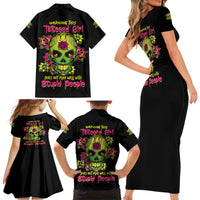 Warning This Tattooed Girl Flower Sugar Skull Family Matching Short Sleeve Bodycon Dress and Hawaiian Shirt - Wonder Print Shop