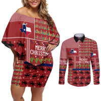 Texas Map Merry Christmas Couples Matching Off Shoulder Short Dress and Long Sleeve Button Shirt Xmas Holiday Patterns - Wonder Print Shop