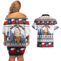 Texas Santa Christmas Couples Matching Off Shoulder Short Dress and Hawaiian Shirt Xmas Holiday Patterns - Wonder Print Shop