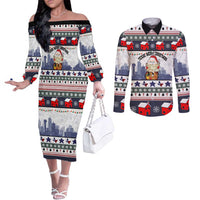 Texas Santa Christmas Couples Matching Off The Shoulder Long Sleeve Dress and Long Sleeve Button Shirt Xmas Holiday Patterns - Wonder Print Shop