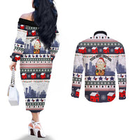 Texas Santa Christmas Couples Matching Off The Shoulder Long Sleeve Dress and Long Sleeve Button Shirt Xmas Holiday Patterns - Wonder Print Shop