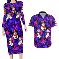 Christmas Snowman Leaves Couples Matching Long Sleeve Bodycon Dress and Hawaiian Shirt Xmas Holiday Patterns - Wonder Print Shop