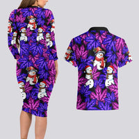 Christmas Snowman Leaves Couples Matching Long Sleeve Bodycon Dress and Hawaiian Shirt Xmas Holiday Patterns - Wonder Print Shop