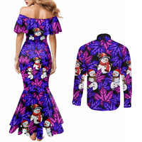 Christmas Snowman Leaves Couples Matching Mermaid Dress and Long Sleeve Button Shirt Xmas Holiday Patterns - Wonder Print Shop
