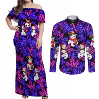 Christmas Snowman Leaves Couples Matching Off Shoulder Maxi Dress and Long Sleeve Button Shirt Xmas Holiday Patterns - Wonder Print Shop