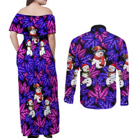 Christmas Snowman Leaves Couples Matching Off Shoulder Maxi Dress and Long Sleeve Button Shirt Xmas Holiday Patterns - Wonder Print Shop