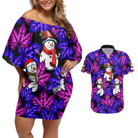 Christmas Snowman Leaves Couples Matching Off Shoulder Short Dress and Hawaiian Shirt Xmas Holiday Patterns - Wonder Print Shop