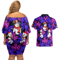 Christmas Snowman Leaves Couples Matching Off Shoulder Short Dress and Hawaiian Shirt Xmas Holiday Patterns - Wonder Print Shop
