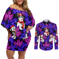 Christmas Snowman Leaves Couples Matching Off Shoulder Short Dress and Long Sleeve Button Shirt Xmas Holiday Patterns - Wonder Print Shop